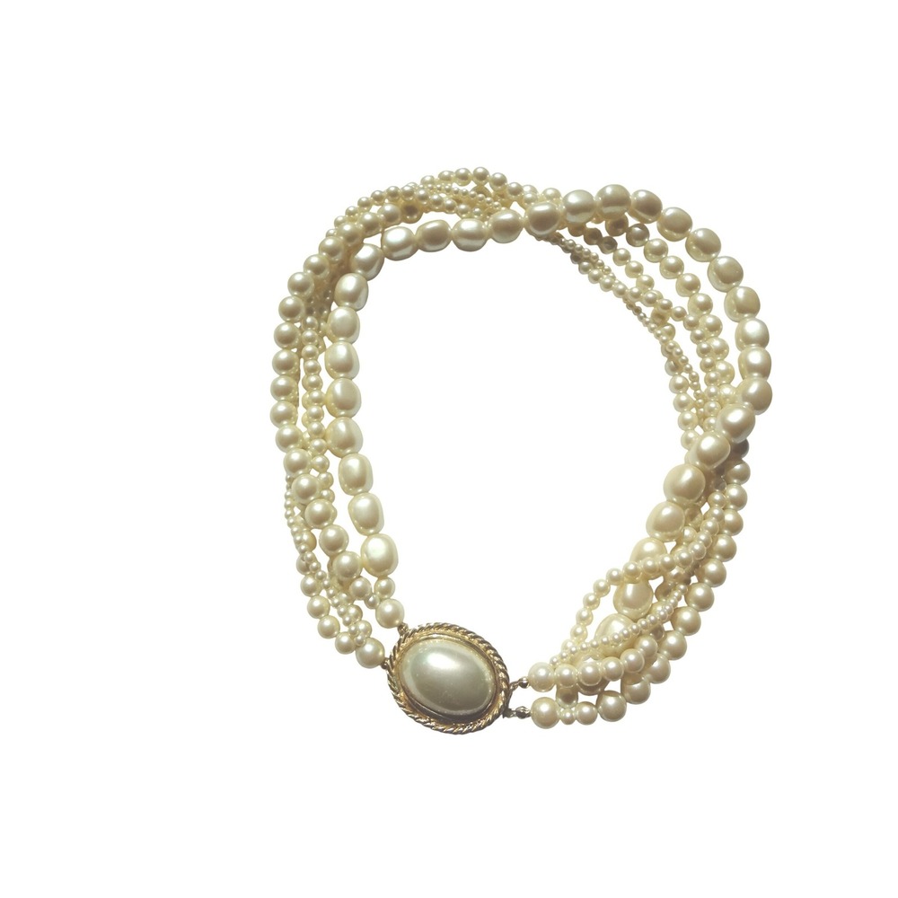 Carolee Faux Pearl Multi Strand Necklace Vintage Cream Excellent Gold Tone Clasp